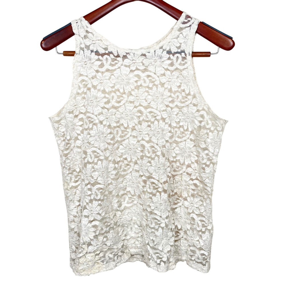 Vintage Womens Tank Sz M Lace Sheer Fairy Grunge Floral Cottage Indie Sleeze